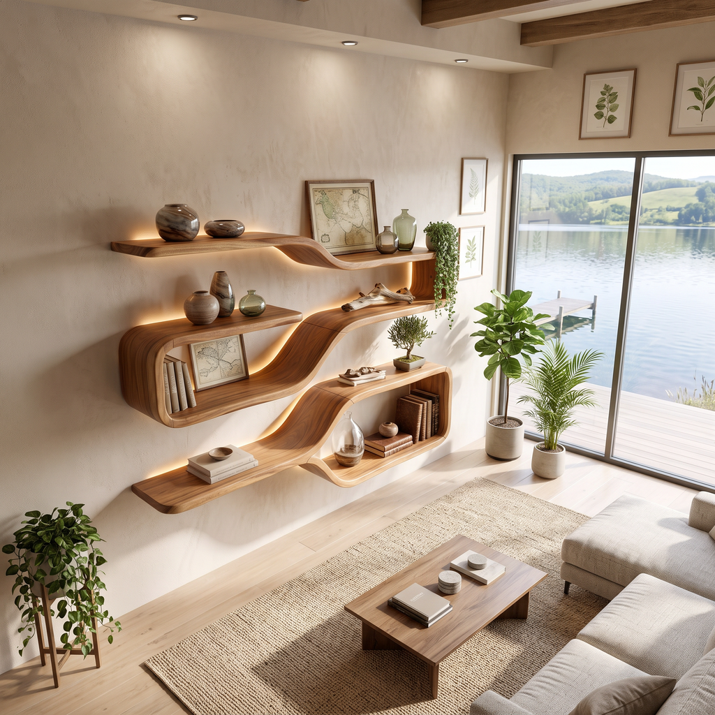 Mid Century Live Edge Wood Shelves For Dining Room