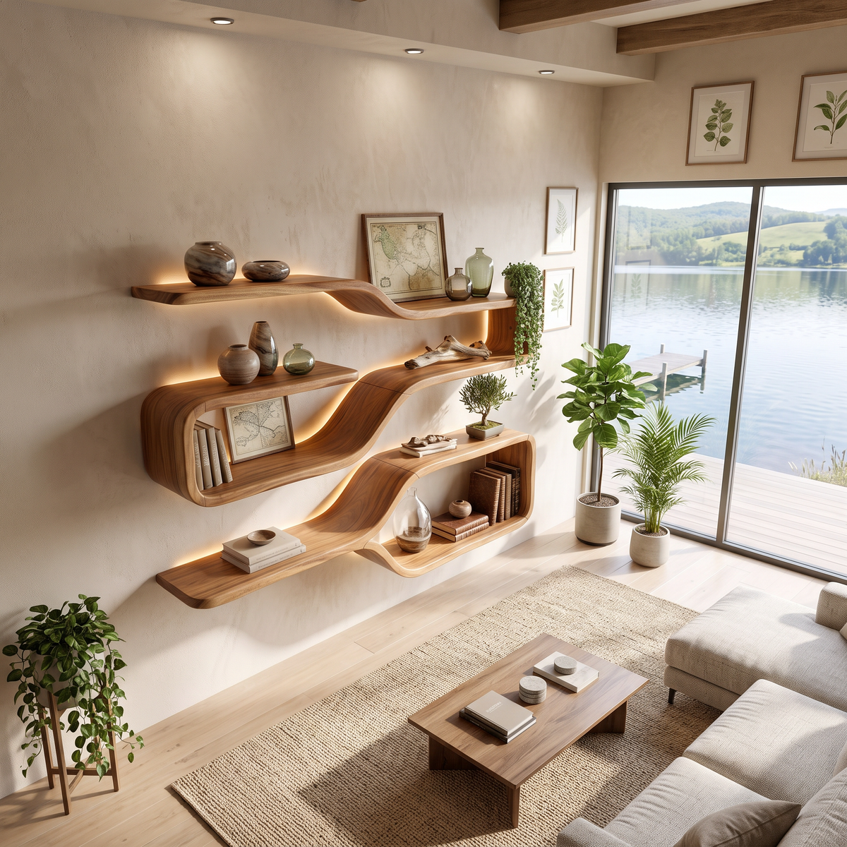 Mid Century Live Edge Wood Shelves For Dining Room