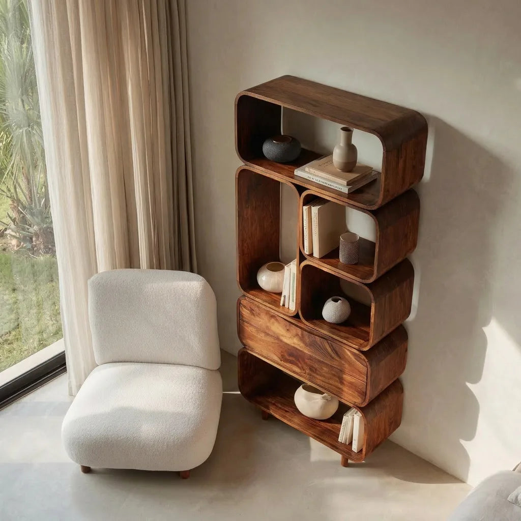 Mid Century Bookshelf With Rounded Compartments For Living Room