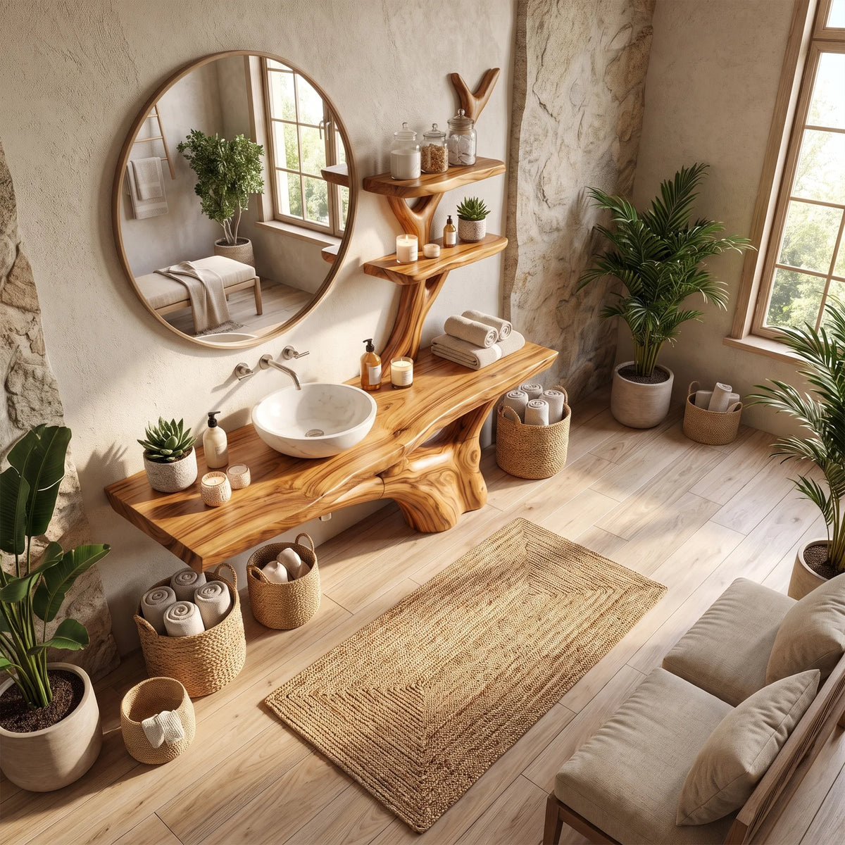 Organic Bathroom Vanity With Sink Wooden Bathroom Vanity Modern Bathroom Vanity Integrated Side Shelves For Primary Bath