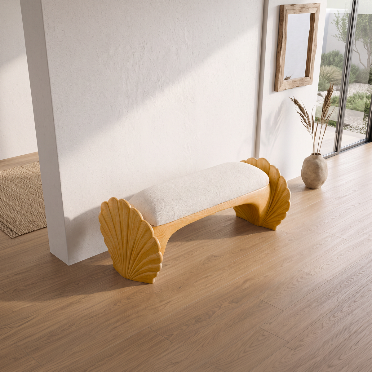 Natural Accent Bench With Seashell Carved Design For Bedroom