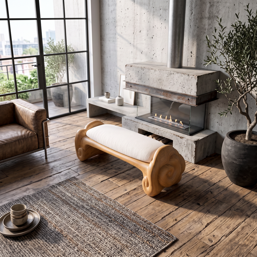 Minimalist Accent Bench With Rounded Cloud Shaped Legs For Bathroom