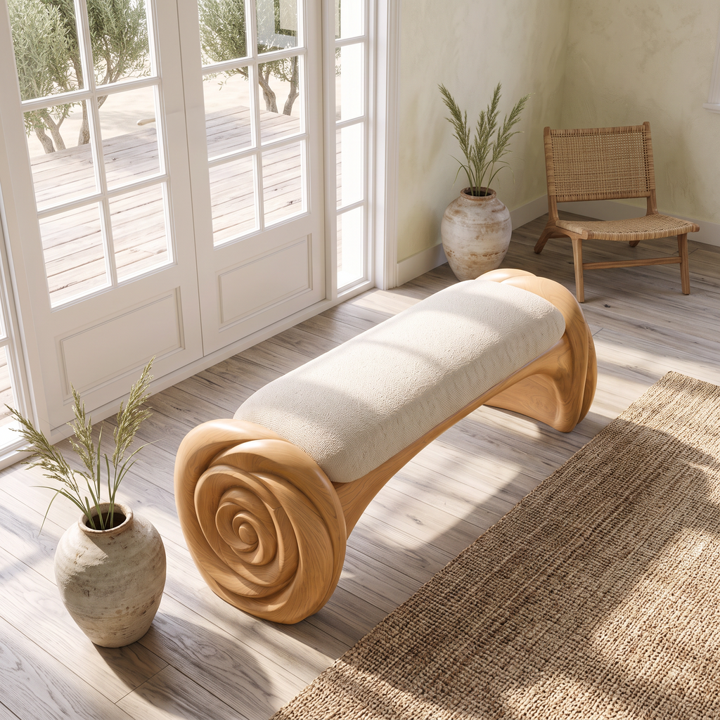 Natural Halloween Accent Bench With Carved Petal Form Legs For Dressing Room