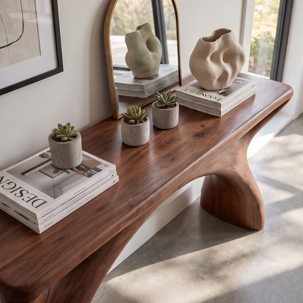 Mid Century Console Table With Flowing Curved Frame For Entryway