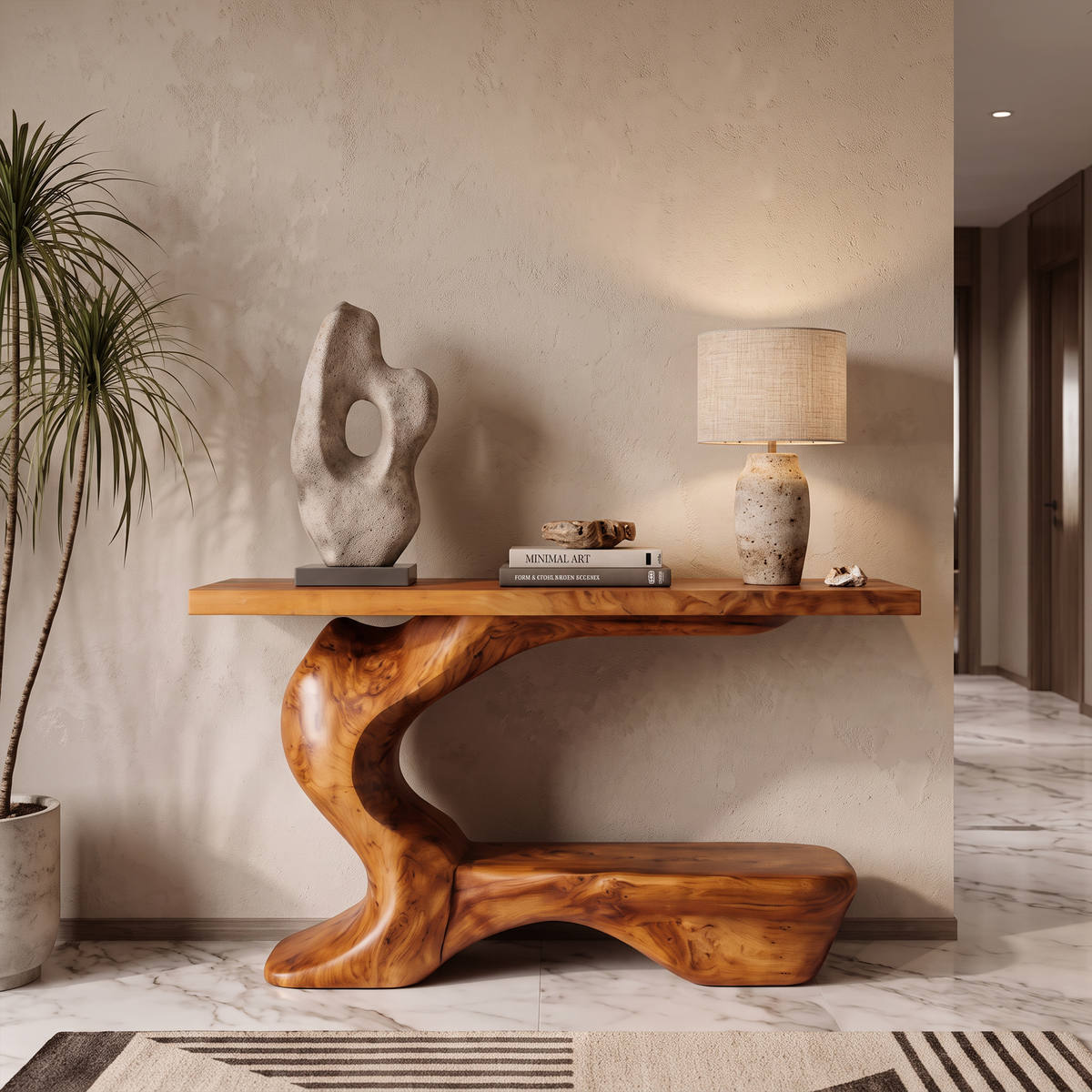 Rustic Sculptural Console Table With Curved Base For Entryway