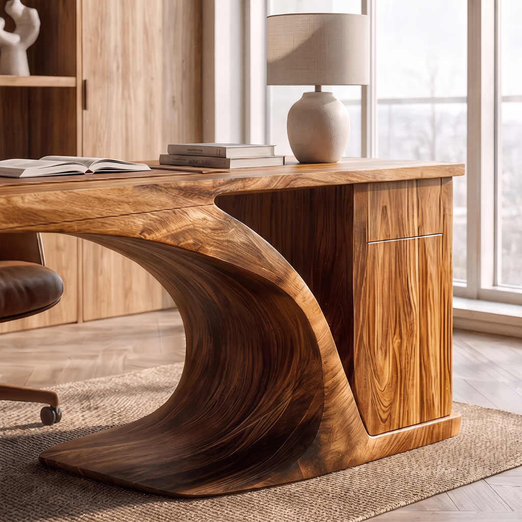 Modern Sculptural Desk With Curved Base And Storage For Home Office