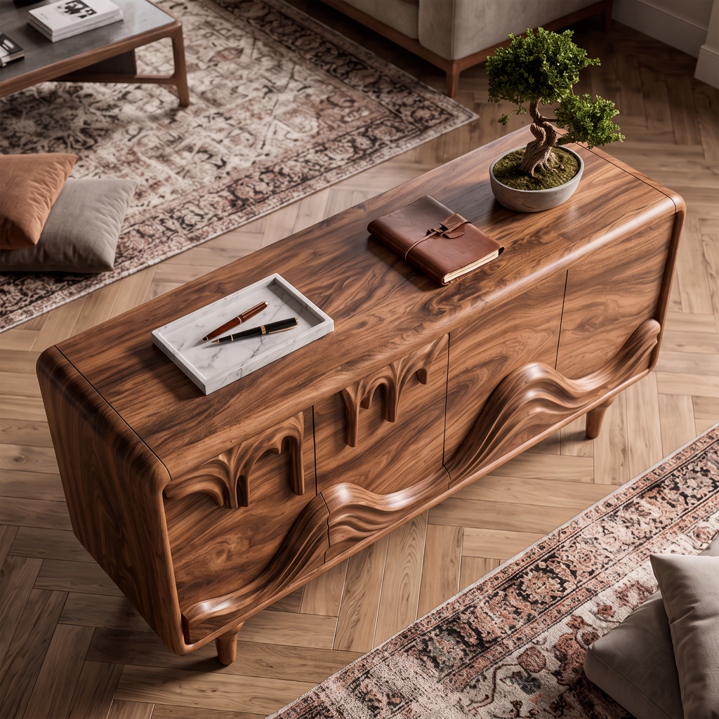 Mid Century Sideboard With Intricately Carved Front Design For Living Room