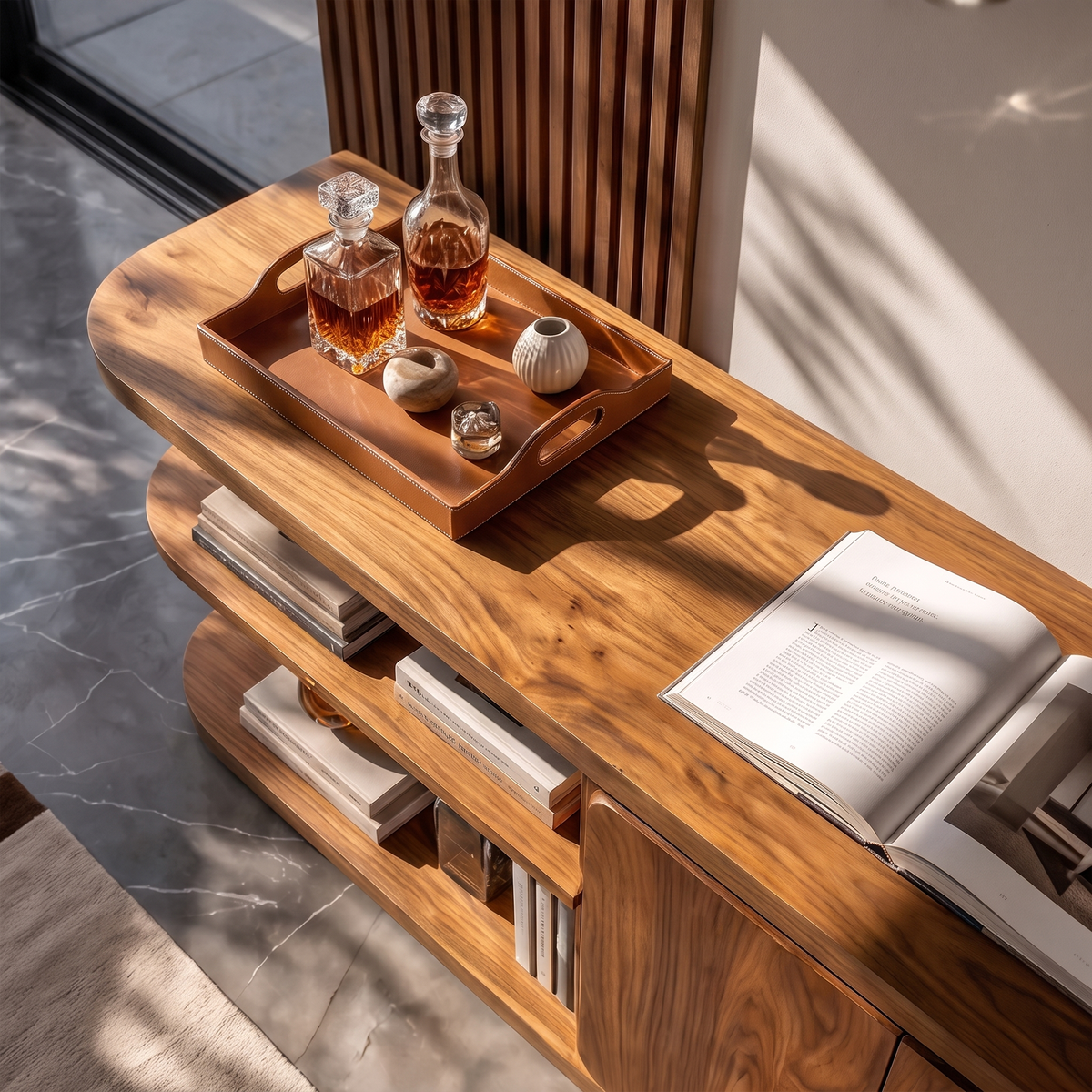 Modern Sideboard With Rounded Frame And Open Storage For Living Room