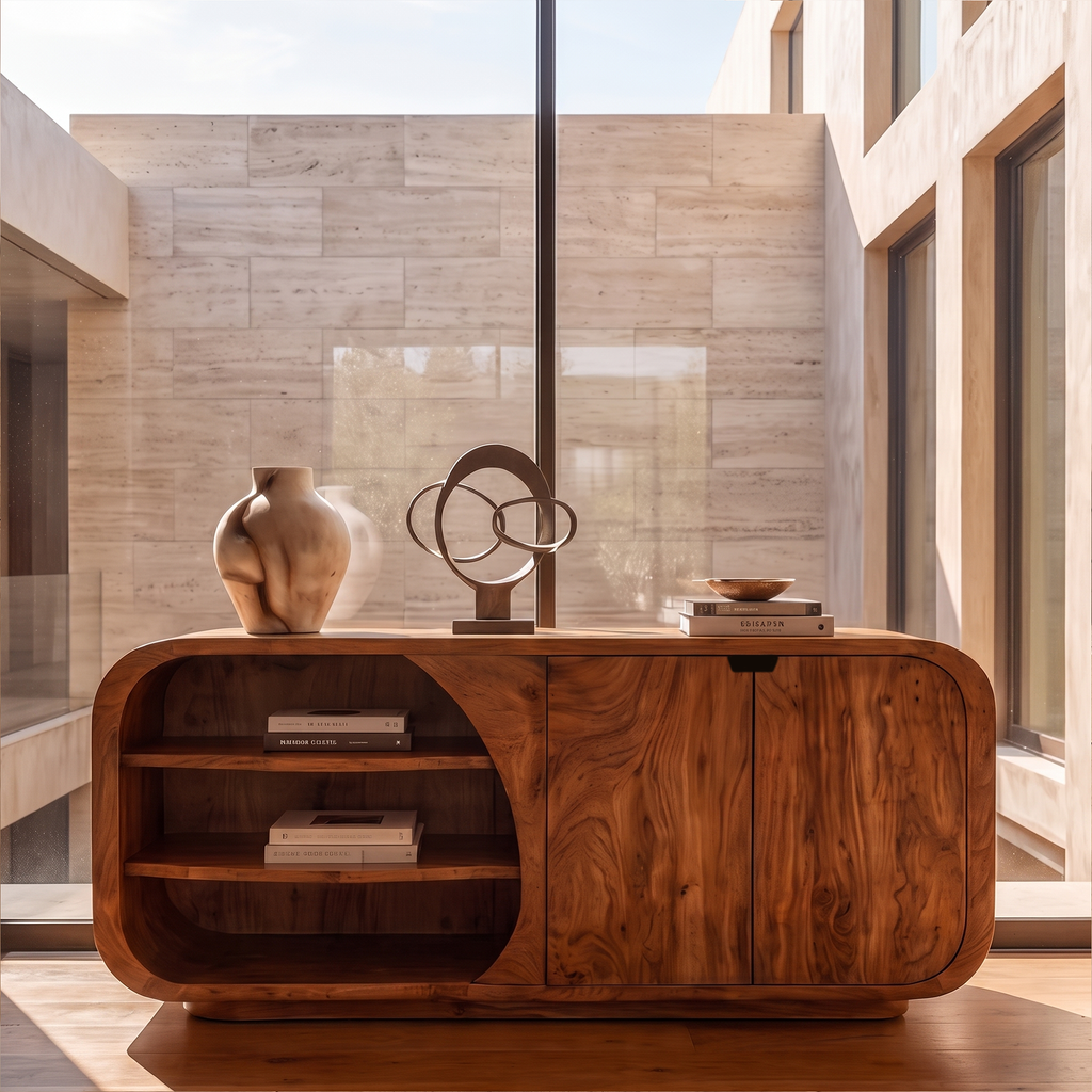 Mid Century Storage Cabinet With Curved Profile And Side Display Compartments For Living Room