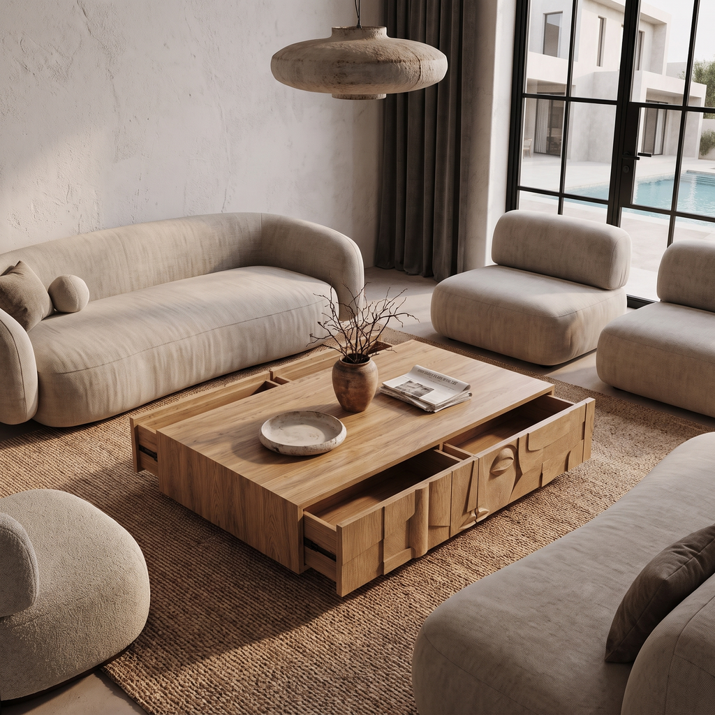 Modern Statement Coffee Table With Textured Relief Drawers For Living Room
