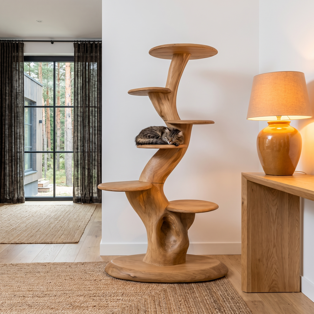 Rustic Sculptural Cat Tree With Multi Level Platforms For Living Room