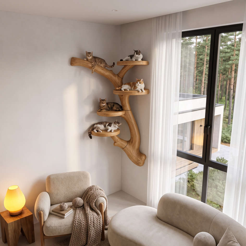 Modern Wall Mounted Cat Tree With Branch Inspired Platforms For Indoor Cats