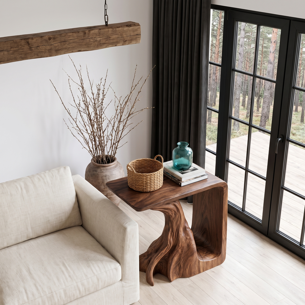 Rustic Sculptural Bedside Table With Root Inspired Base For Living Room