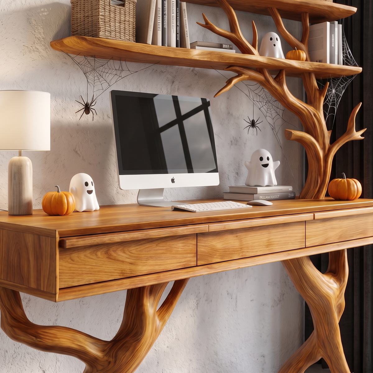 Rustic Tree Branch Desk With Halloween Spider Web Shelves For Home Office