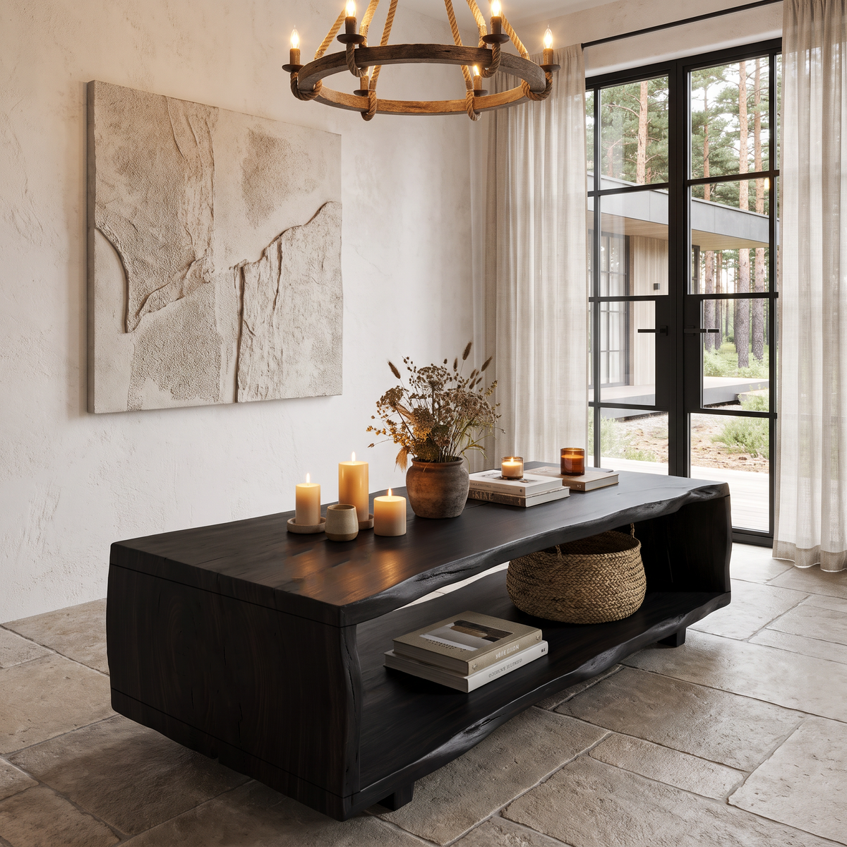 Natural Coffee Table With Bold Live Edge Frame For Living Room