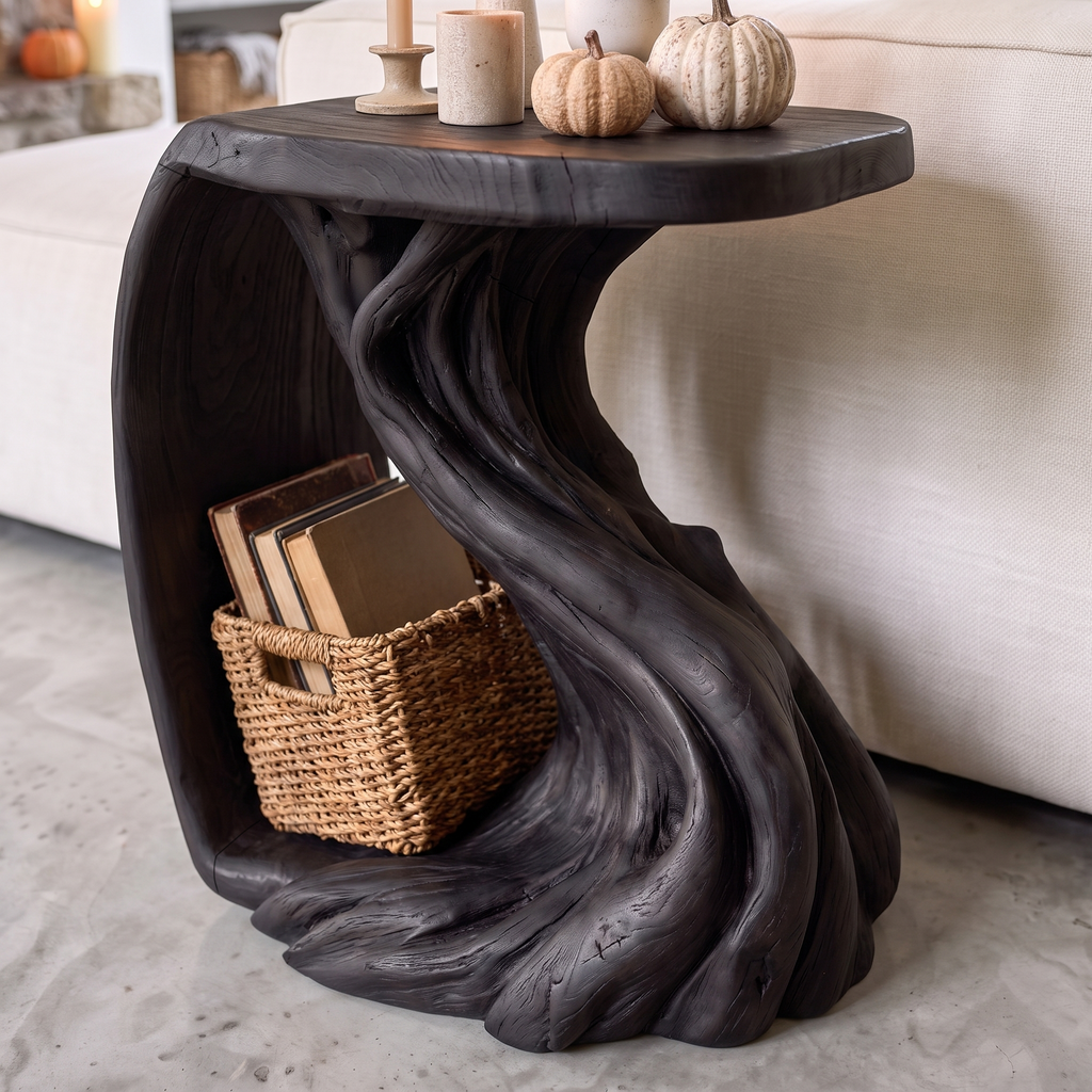 Rustic Beside Table With Halloween Inspired Twisted Base For Living Room