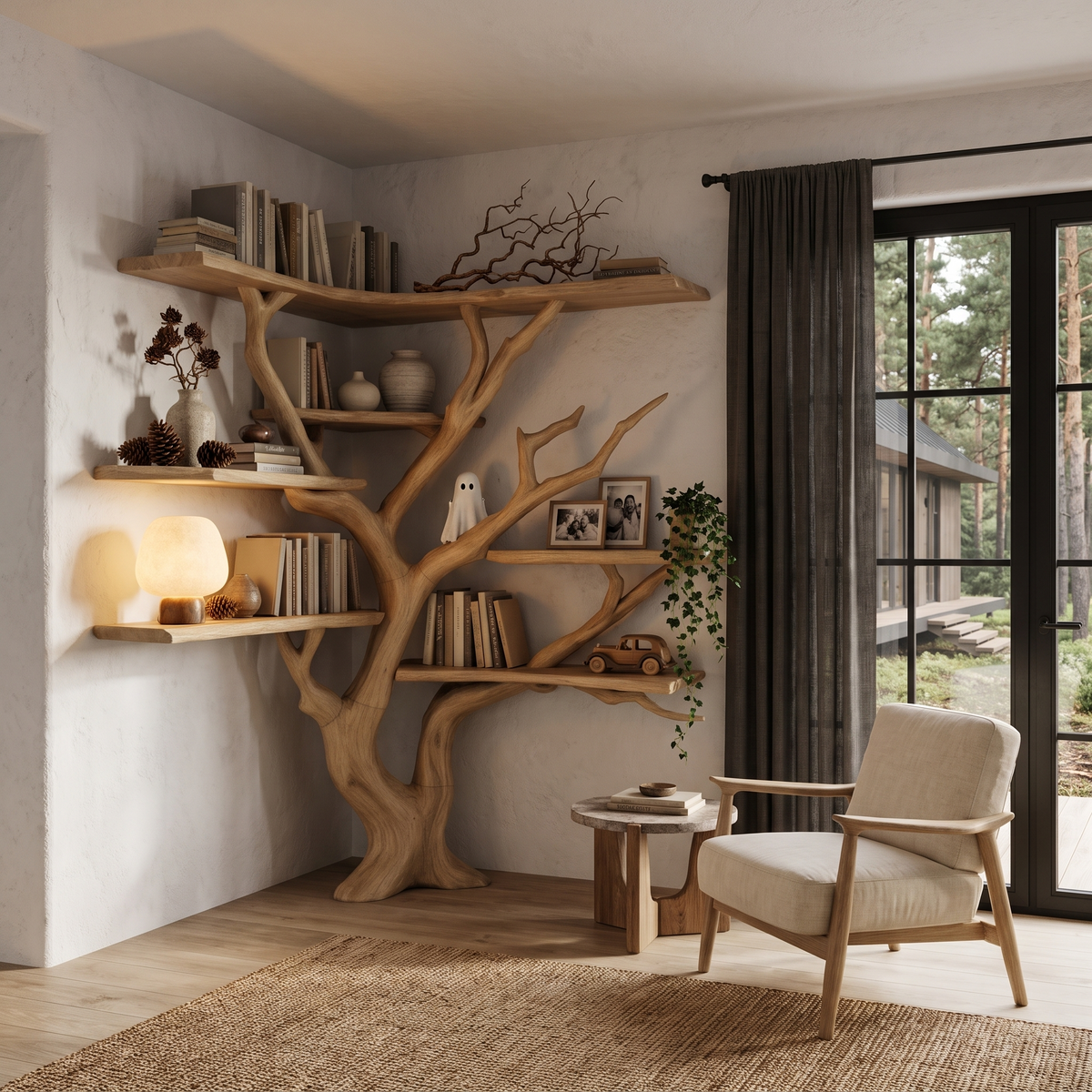 Modern Corner Tree Bookshelf With Asymmetrical Shelves For Living Room