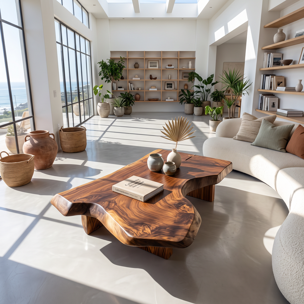 Modern Solid Wood Coffee Table With Sculptural Slab Top For Living Room