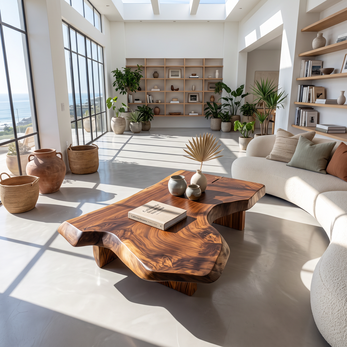 Modern Solid Wood Coffee Table With Sculptural Slab Top For Living Room
