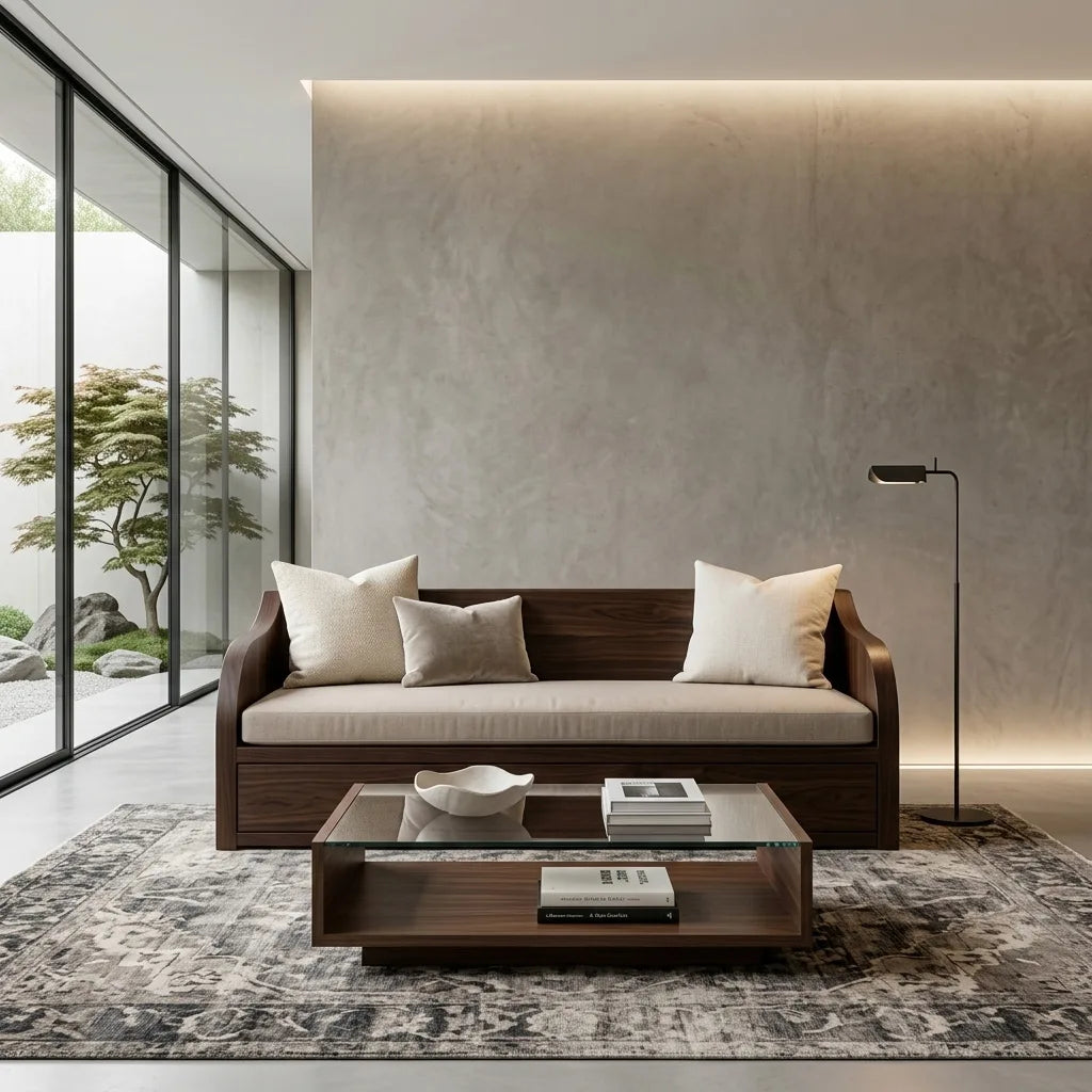 Contemporary Wooden Sofa With Long Drawer For Living Room