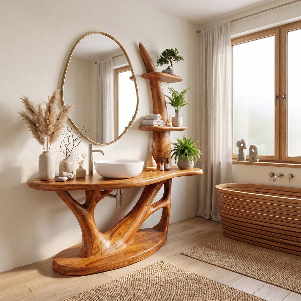 Sculptural Freestanding Bathroom Vanity Bathroom Vanity With Sink Modern Bathroom Vanity Integrated Side Shelves For Spa