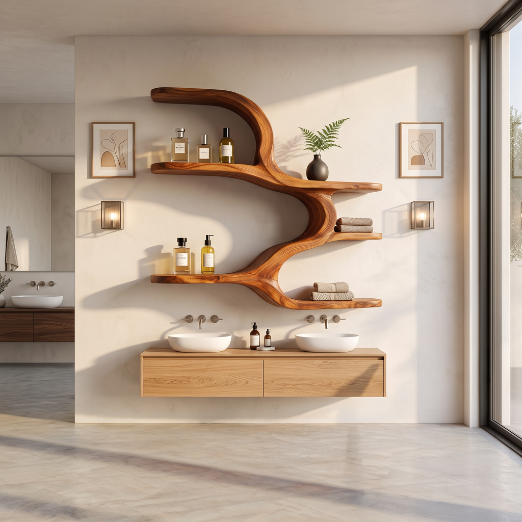 Organic Sculptural Wooden Wall Shelves For Dining Room