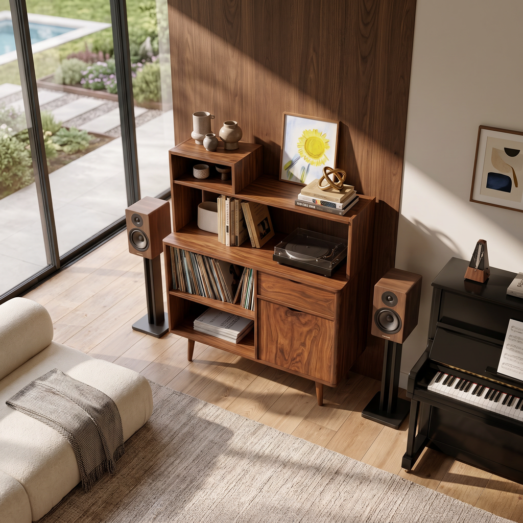 Modern Vinyl Record Cabinet With Drawers For Living