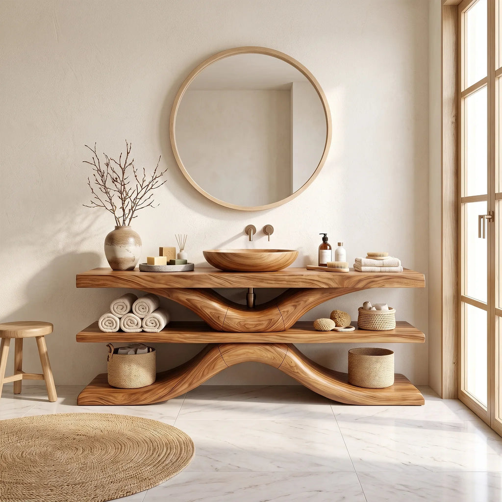Sculptural Bathroom Vanity With Sink Modern Bathroom Vanity Wooden Bathroom Vanity Layered Open Shelves For Spa Bathroom