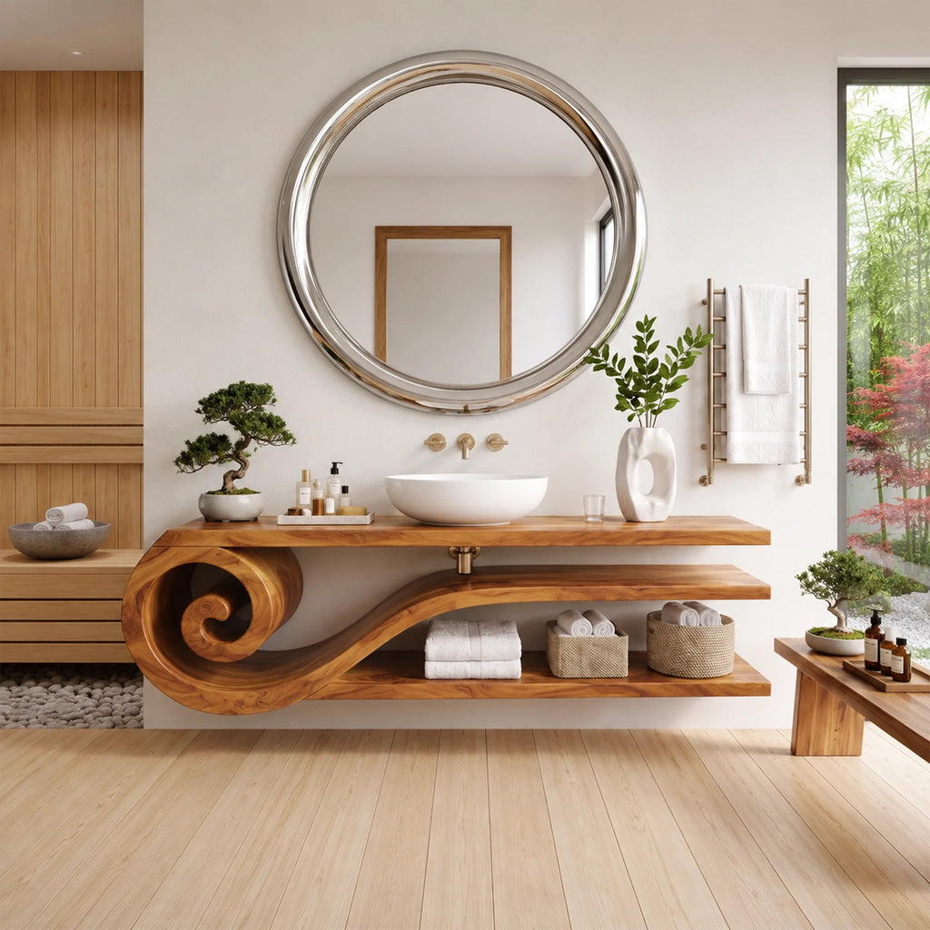 Calm Floating Bathroom Vanity Floating Bathroom Vanity With Sink Modern Bathroom Vanity Curved Open Shelves For Primary 