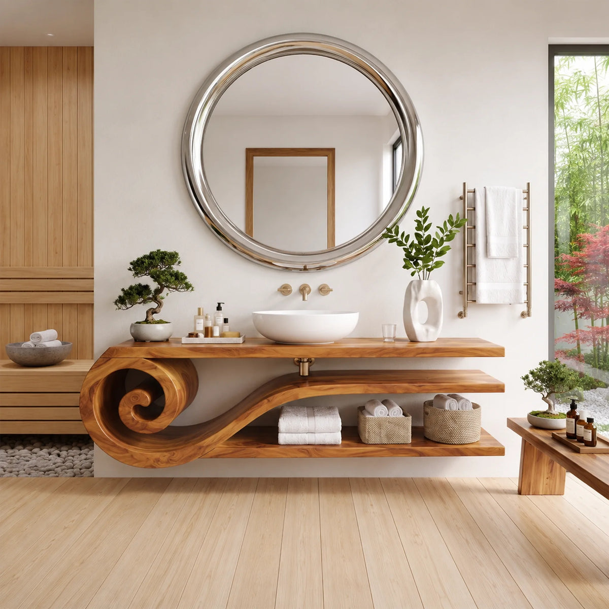 Calm Floating Bathroom Vanity Floating Bathroom Vanity With Sink Modern Bathroom Vanity Curved Open Shelves For Primary 
