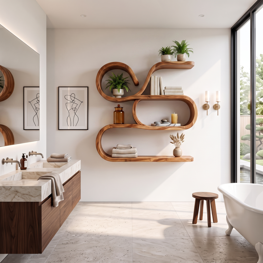 Coastal Wooden Floating Storage Shelves For Bathroom