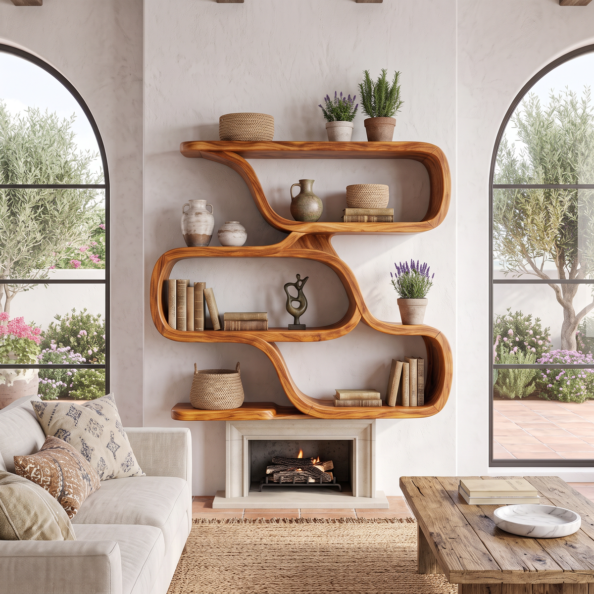 Farmhouse Curved Wood Shelves For Entryway
