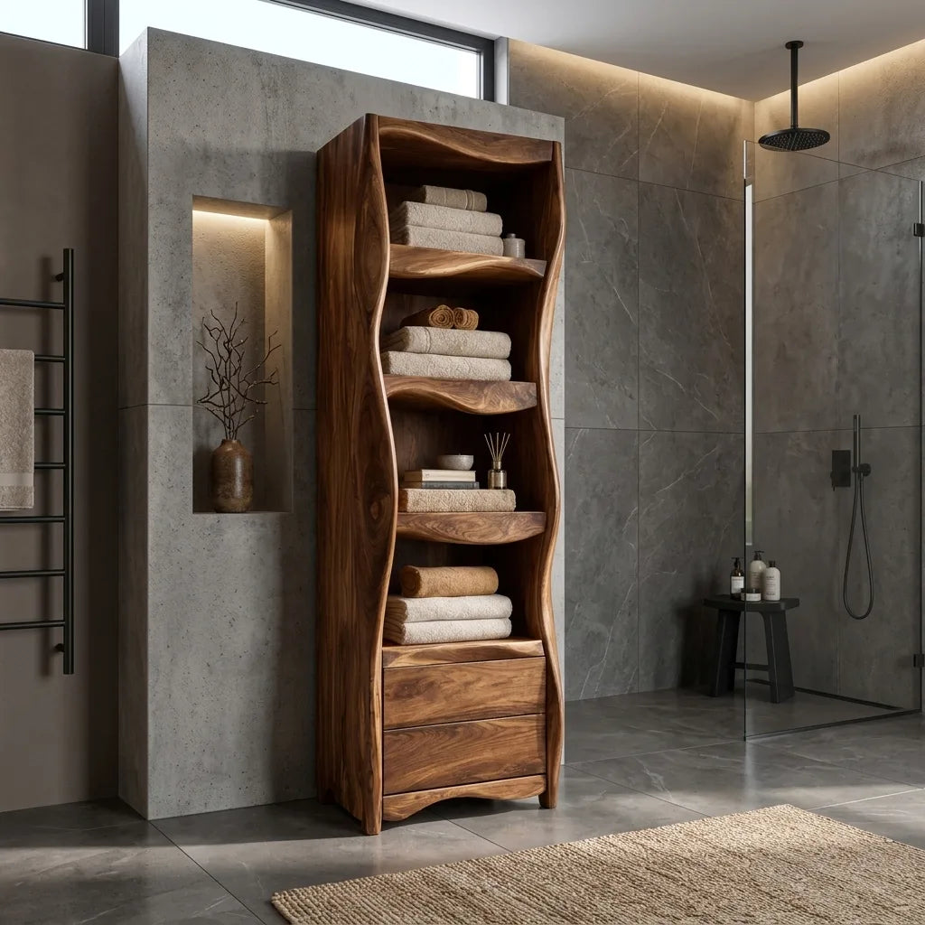 Organic Wavy Bathroom Cabinet With Open Shelves For Bathroom