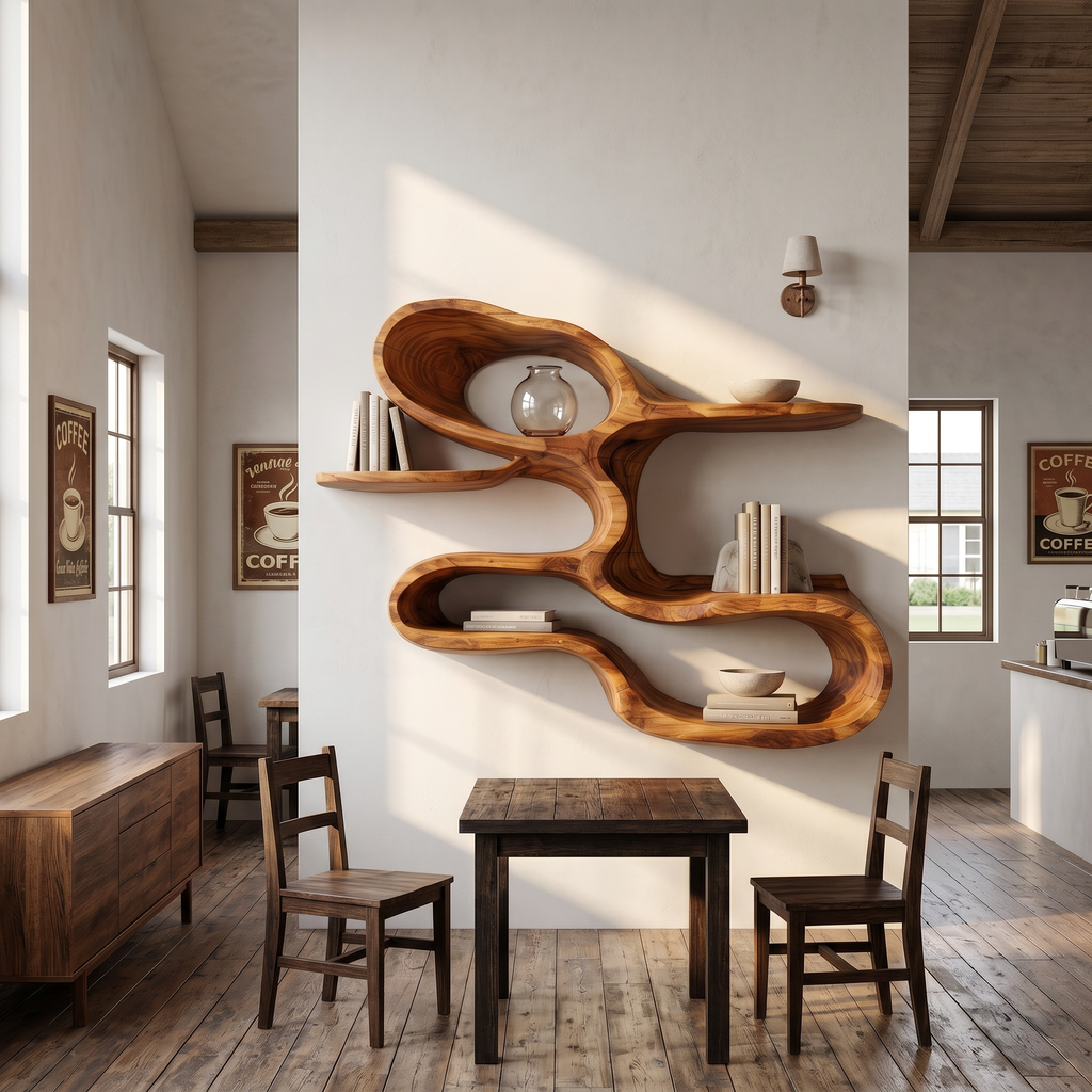 Modern Sculptural Wooden Wall Shelves For Coffee Bar