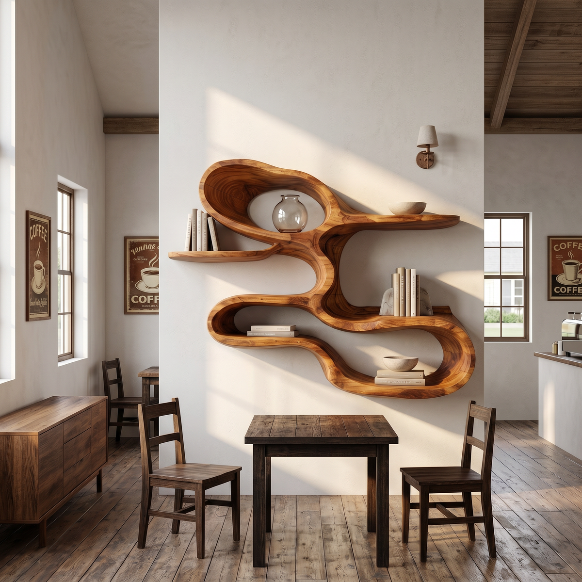 Modern Sculptural Wooden Wall Shelves For Coffee Bar