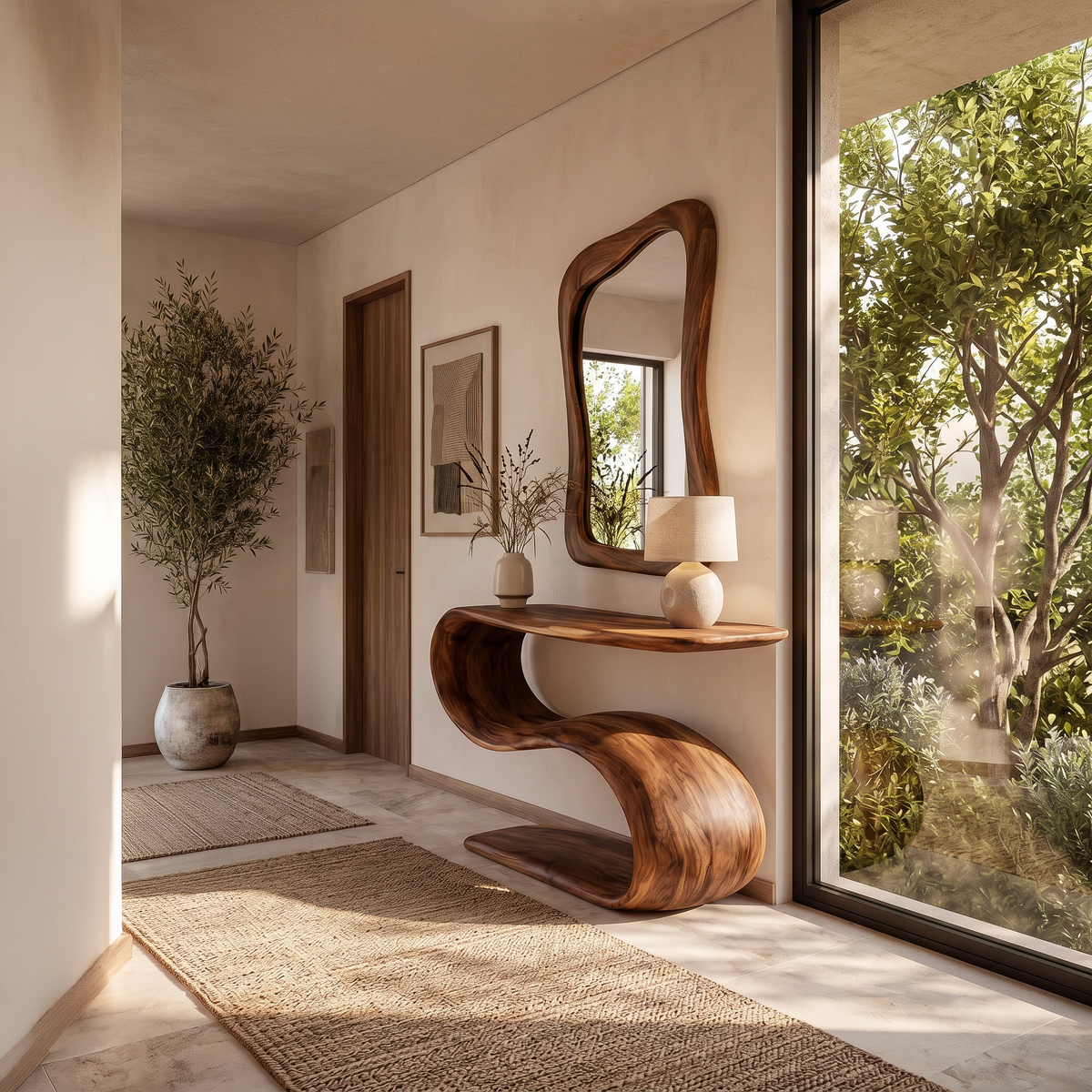 Organic Wooden Console Table With Sculptural Undulating Base For Living