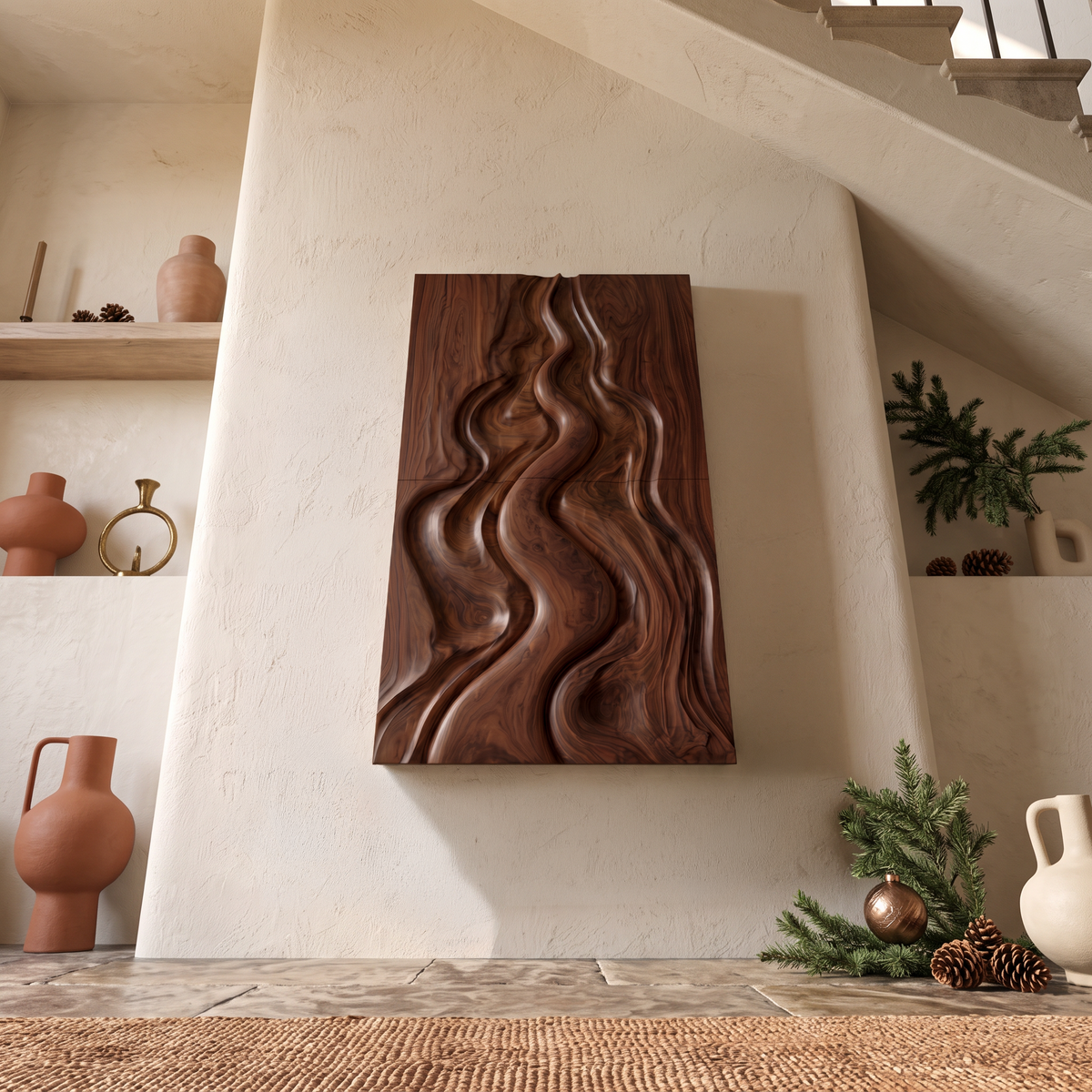 Natural Christmas Abstract Wall Decor With Fluid Carved Design For Bedroom