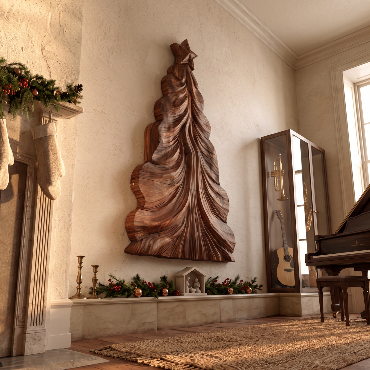 Contemporary Wooden Christmas Decor With Curved Openwork Design For Living Room