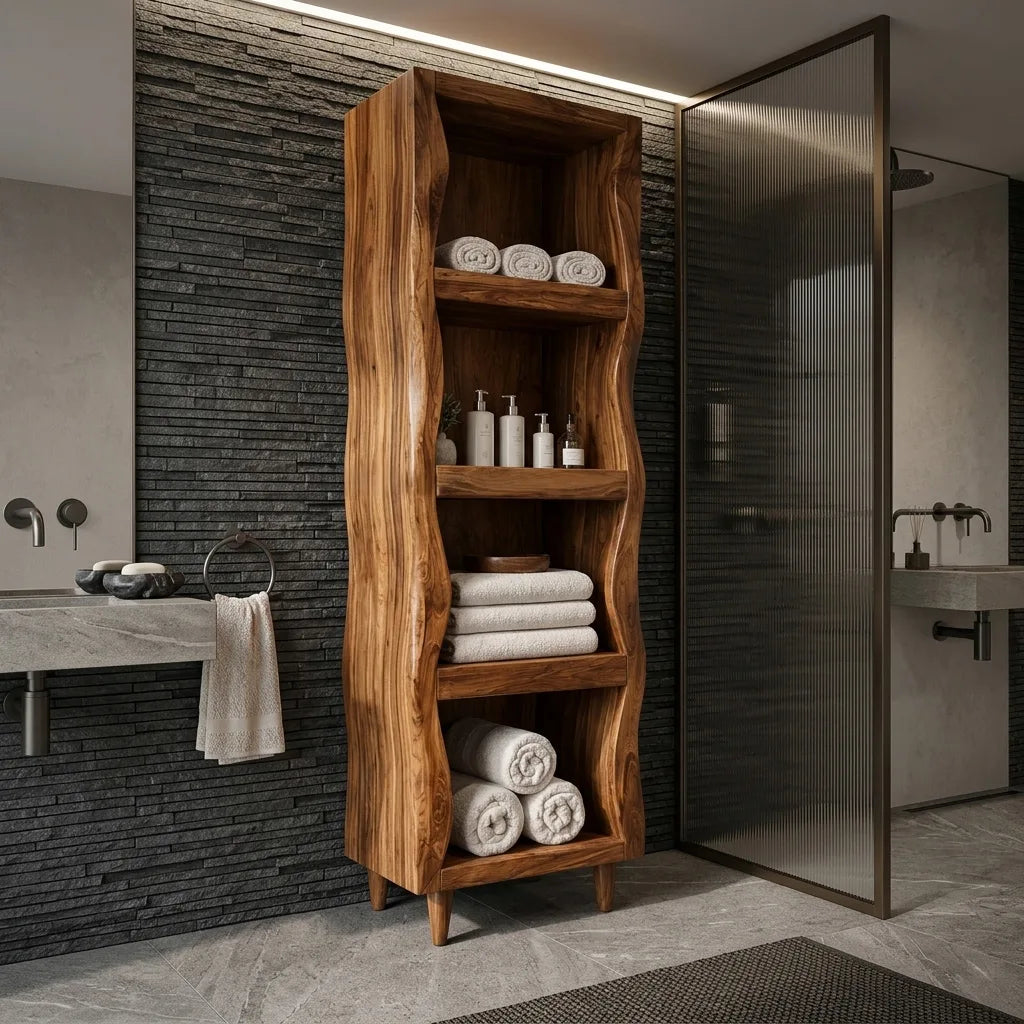 Sculptural Wavy Bathroom Cabinet With Open Shelves For Bathroom