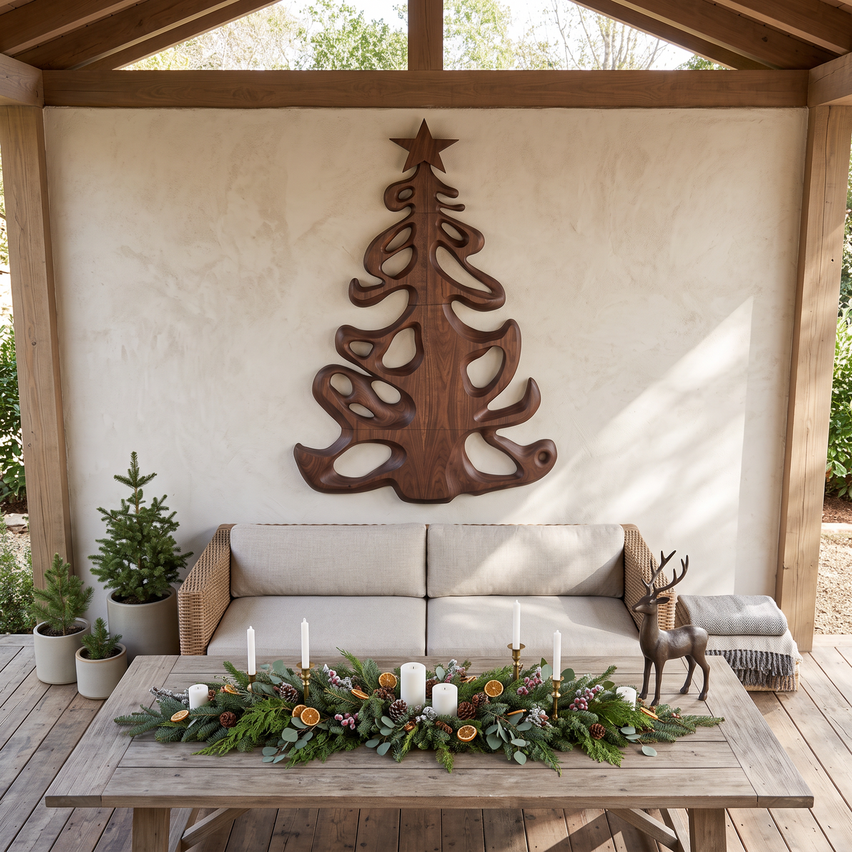 Organic Xmas Wooden Holiday Decor With Fluid Tree Silhouette For Entryway