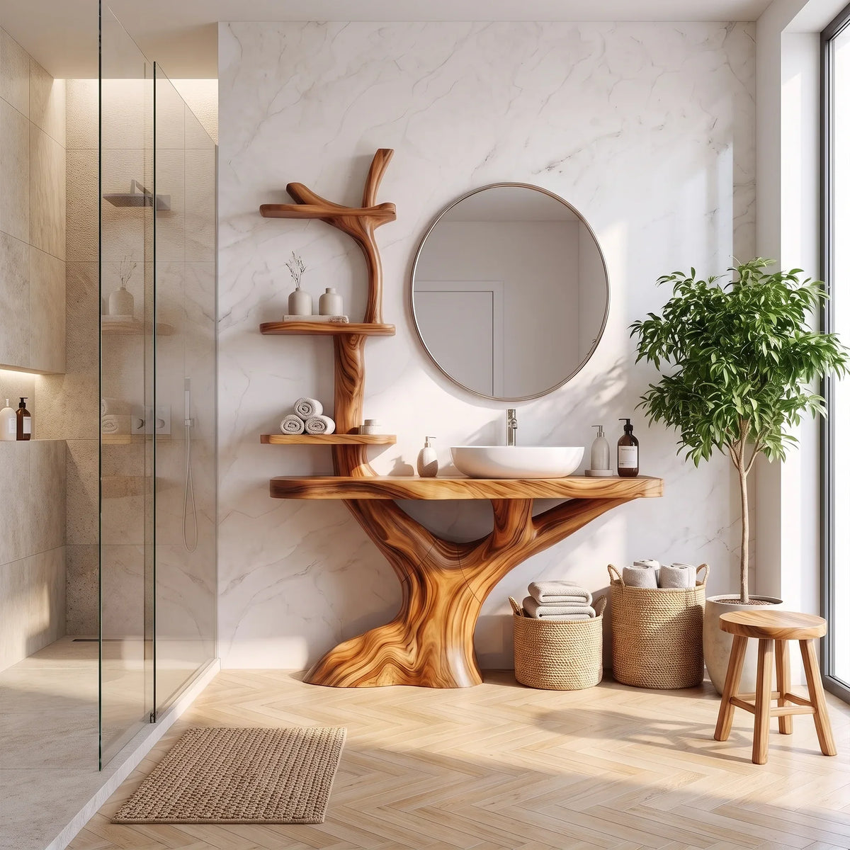 Natural Bathroom Vanity With Sink Wooden Bathroom Vanity Modern Bathroom Vanity Integrated Vertical Shelves For Primary 