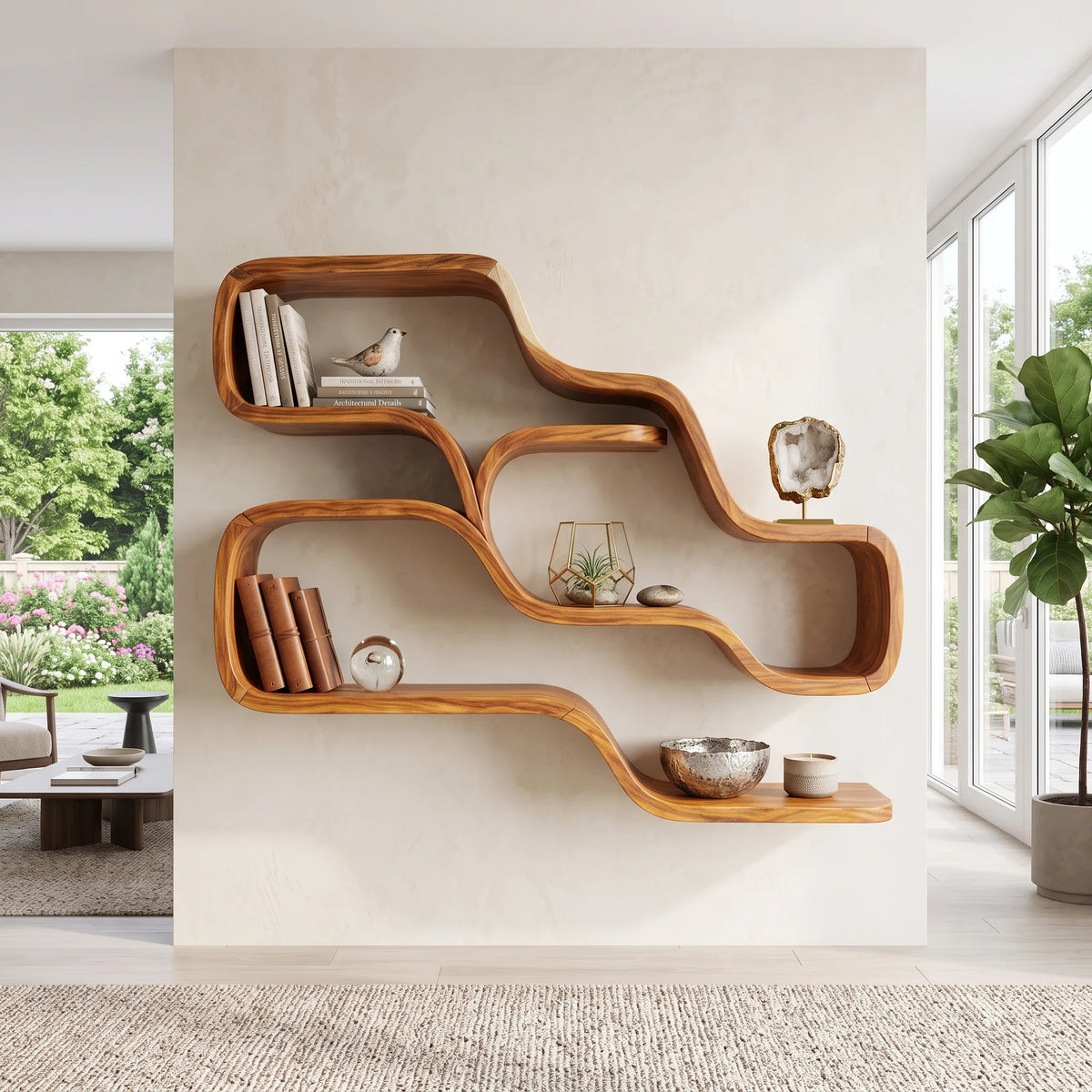Farmhouse Organic Wood Shelves For Reading Nook