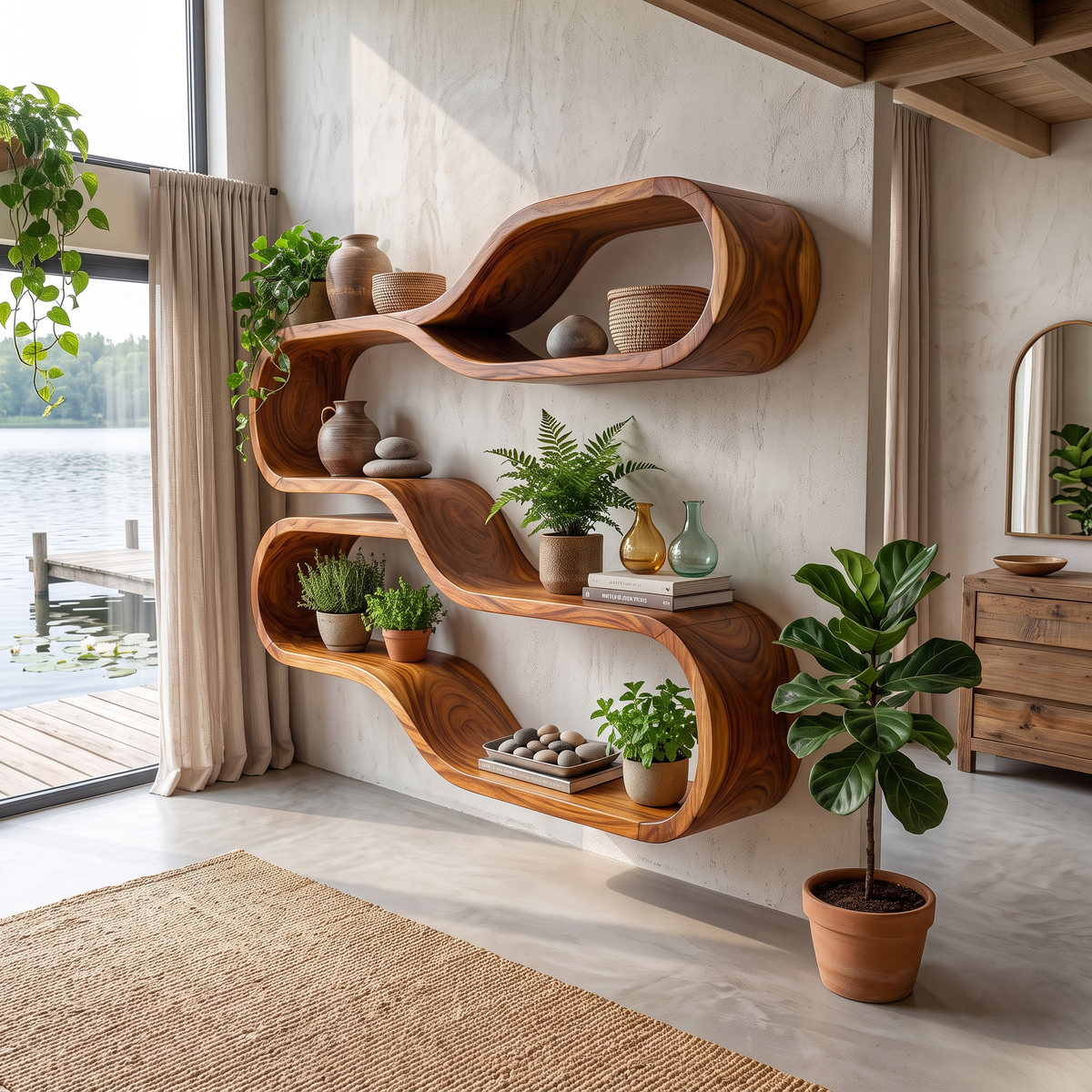 Japandi Wooden Wall Mounted Shelves For Bathroom