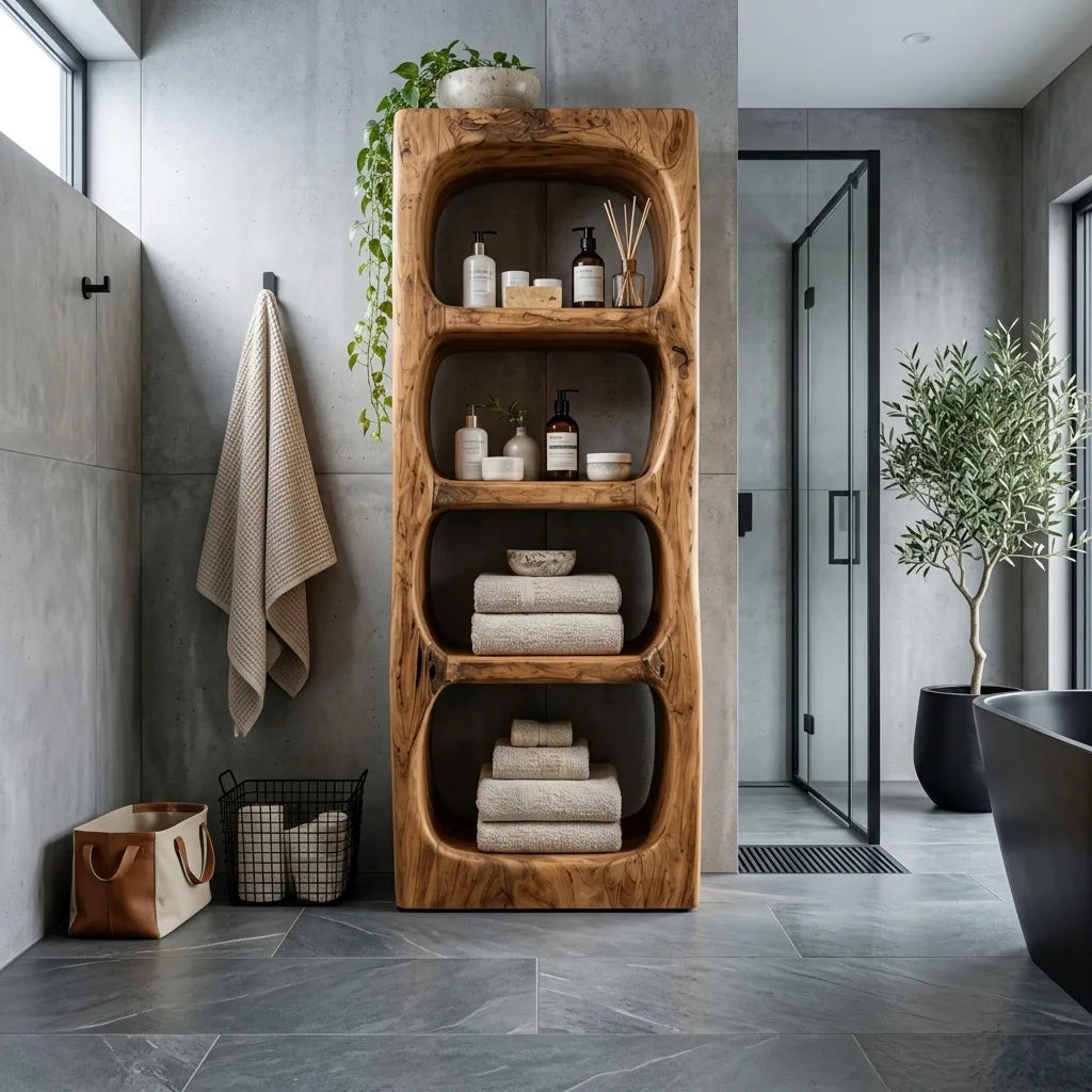 Organic Bathroom Cabinet With Rounded Open Storage Shelves For Bathroom