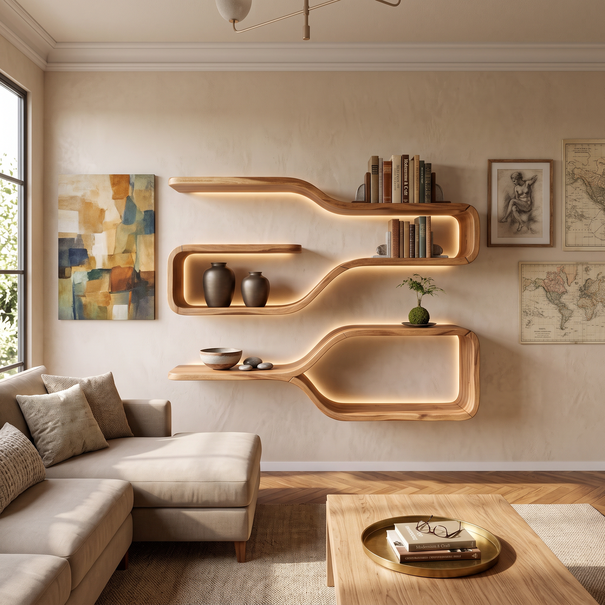 Mid Century Live Edge Wood Shelves For Dining Room