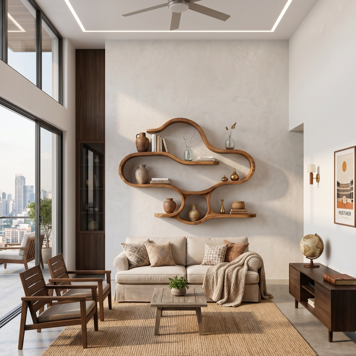 Boho Wooden Wall Mounted Display Shelves For Living Room