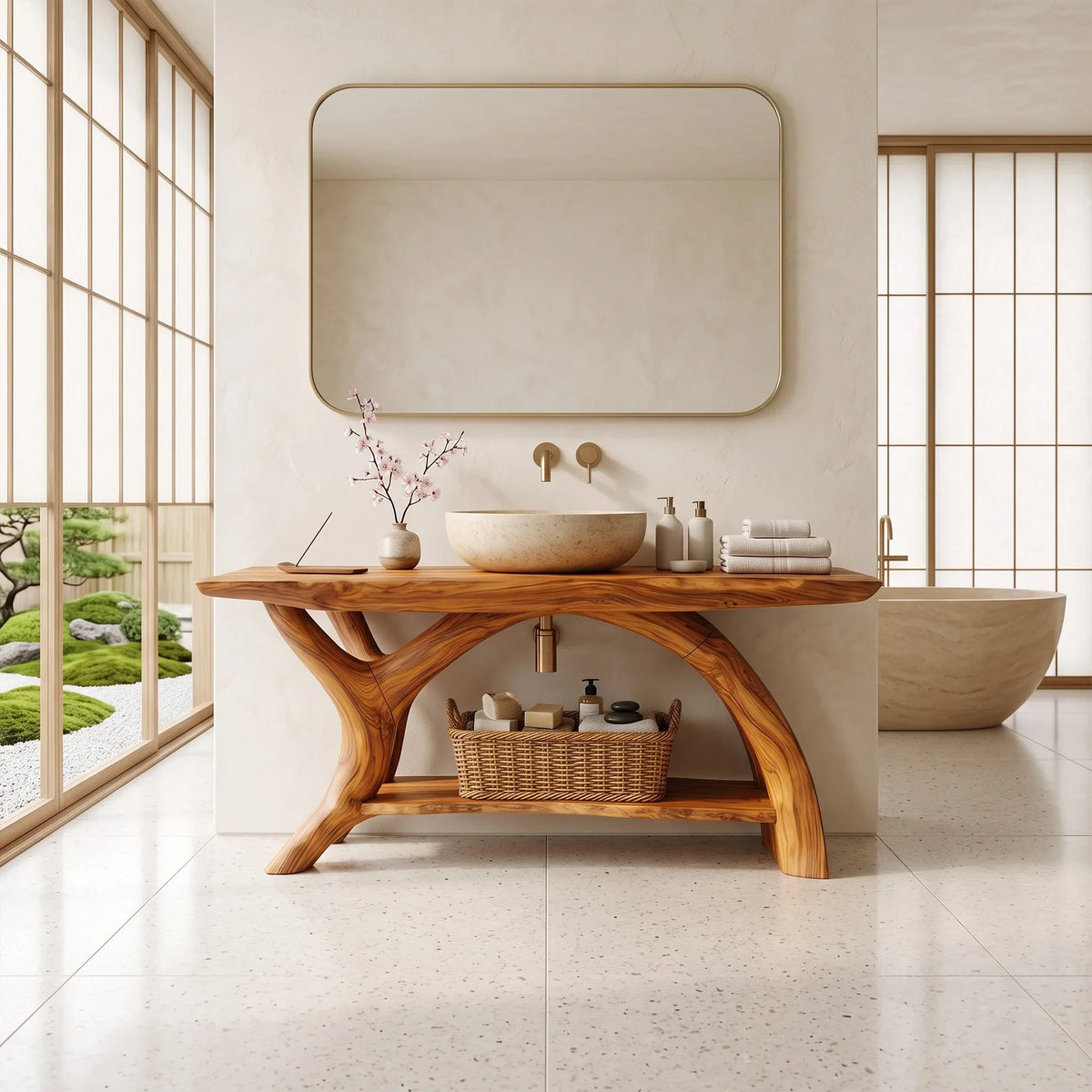Elegant Solid Wood Bathroom Vanity Single Bathroom Vanity With Sink Open Shelf Design For Luxury Bathroom