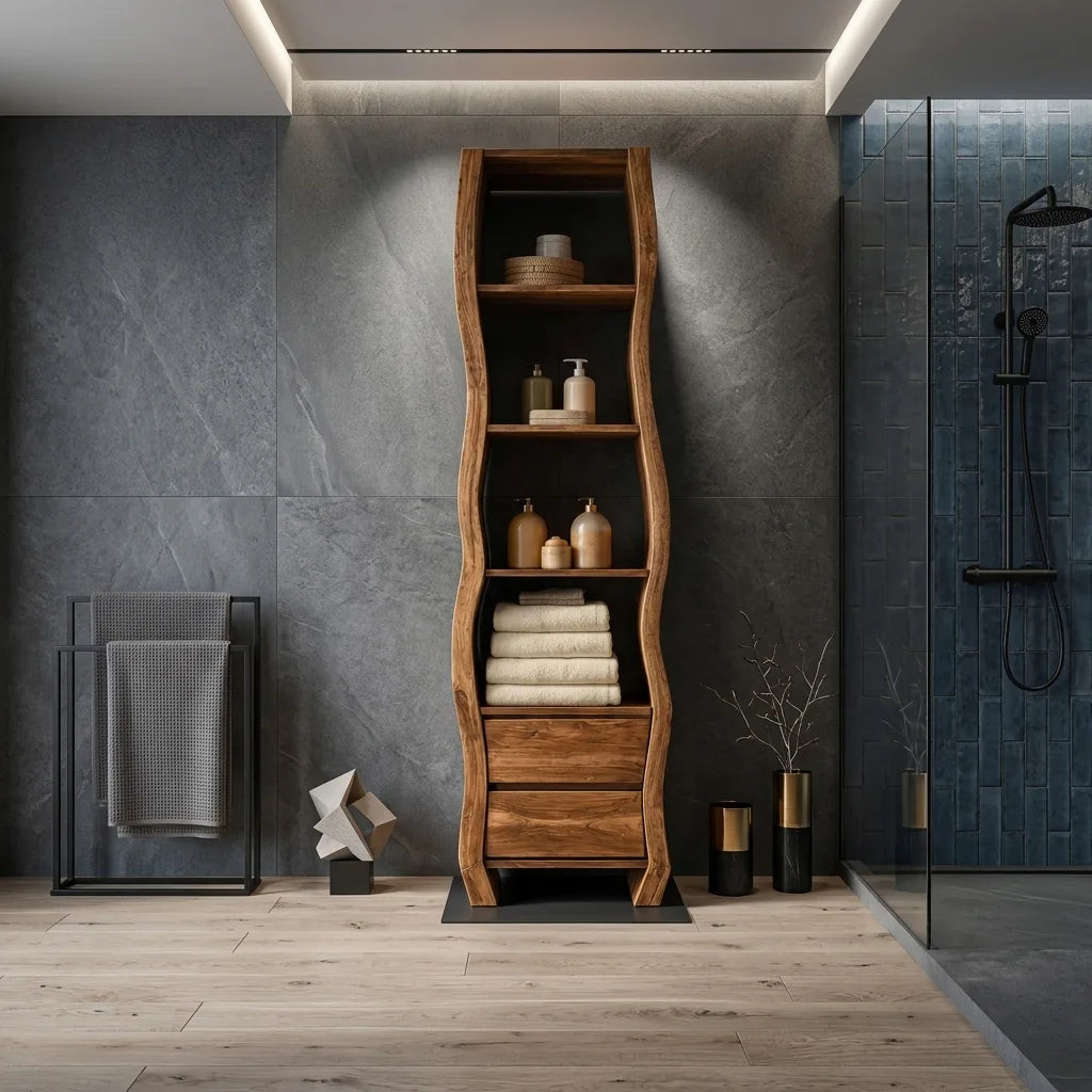 Sculptural Bathroom Cabinet With Open Shelves And Drawers For Bathroom
