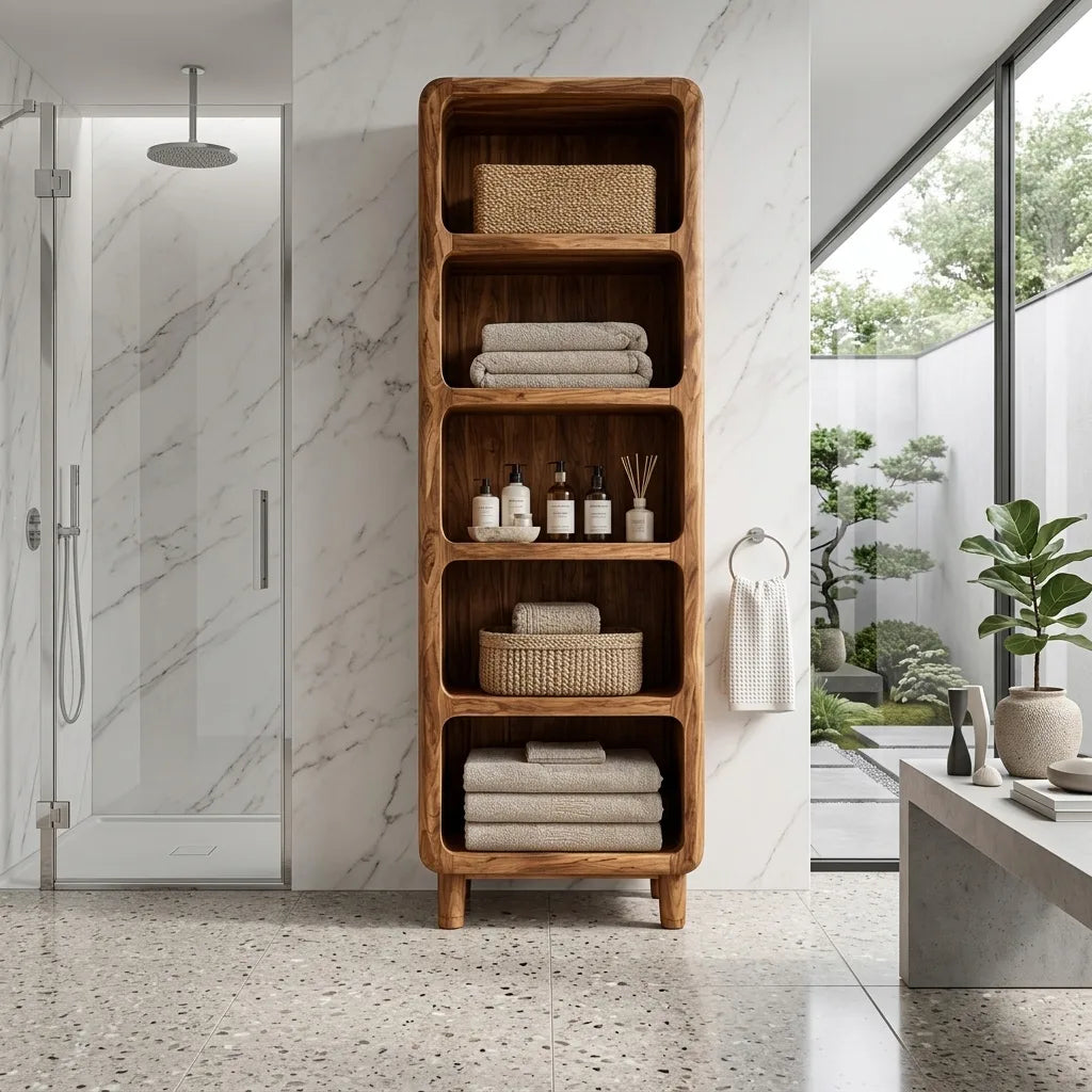 Modern Tall Bathroom Cabinet With Open Towel Shelves For Bathroom