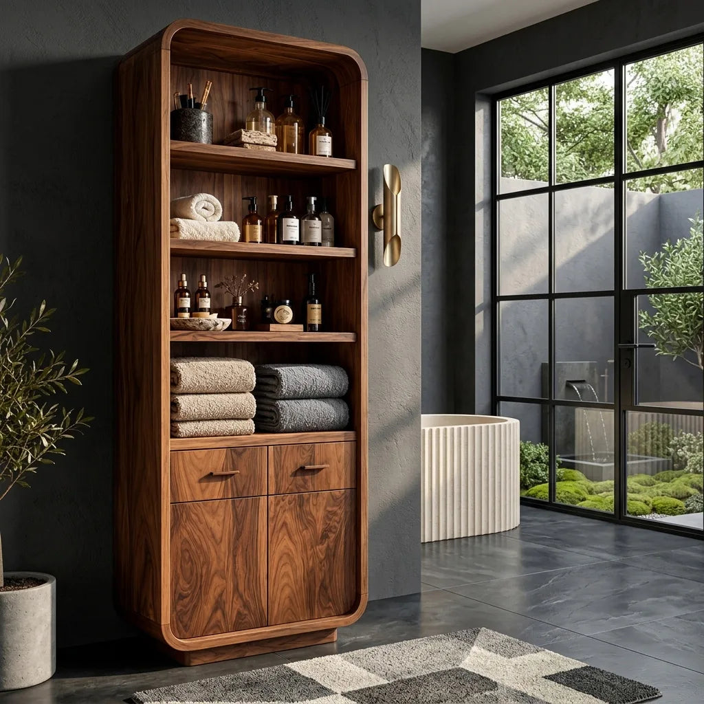 Contemporary Tall Bathroom Cabinet With Open Shelves For Bathroom